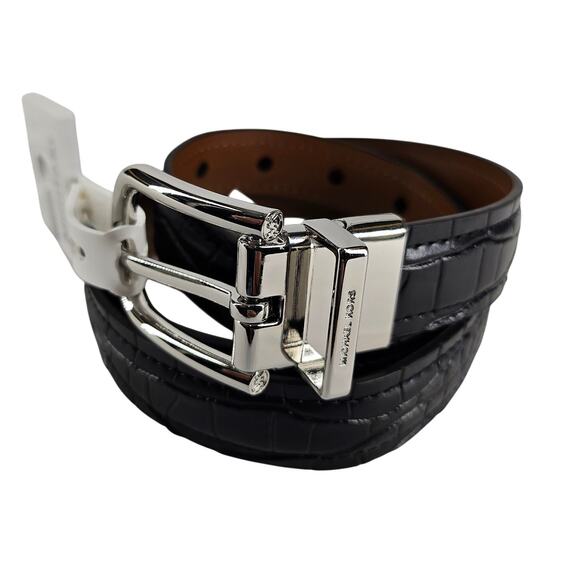 MICHAEL KORS WOMEN'S BLACK / BROWN REVERSIBLE CROC LEATHER BELT SIZE MEDIUM - Picture 1 of 11